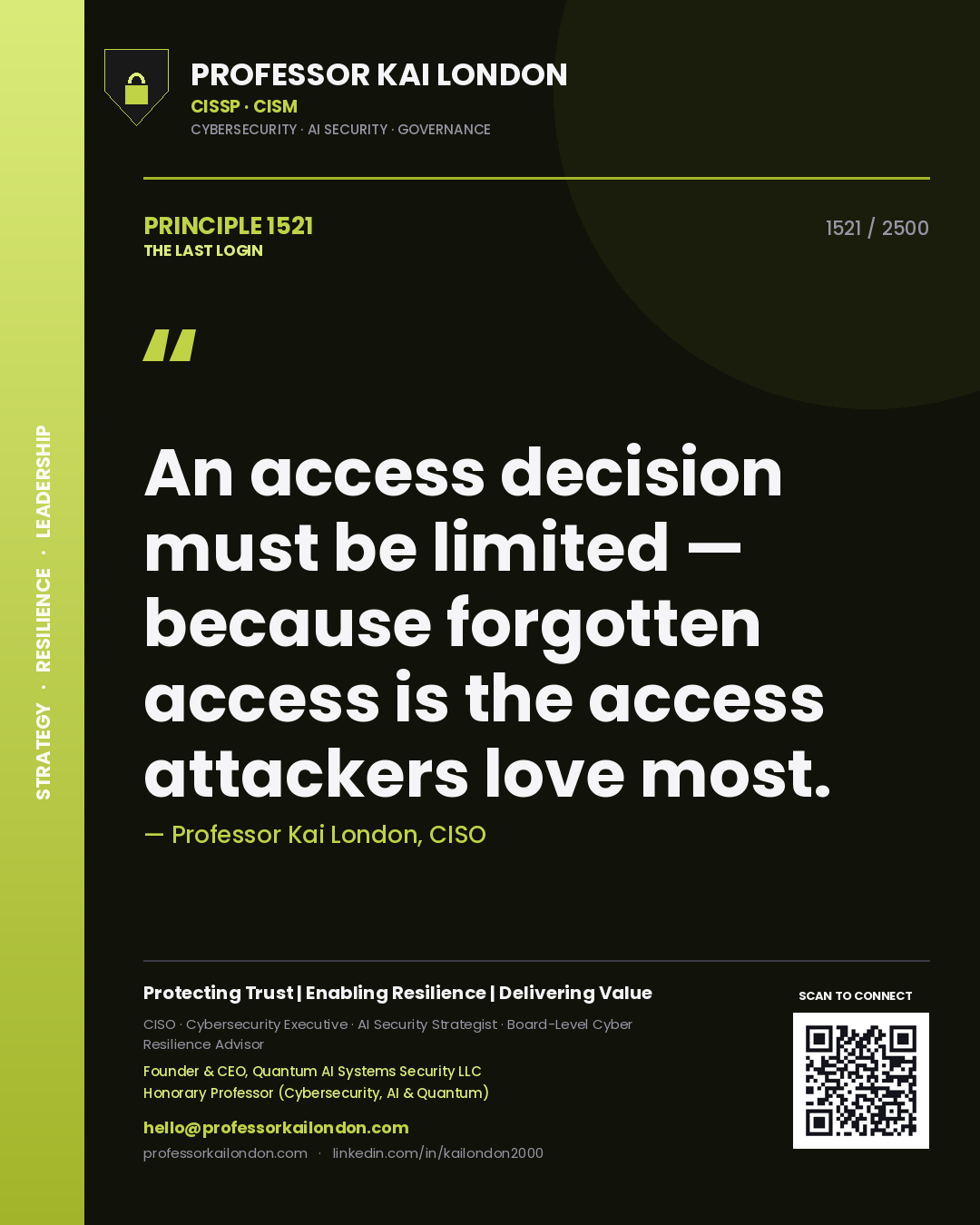 Quote card by Professor Kai London reading 'An access decision must be limited — because forgotten access is the access attackers love most.'. From the book The Last Login.