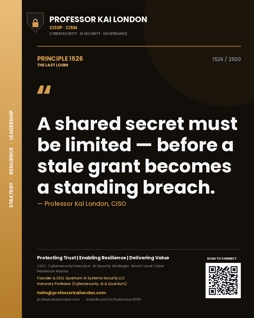 Quote card by Professor Kai London reading 'A shared secret must be limited — before a stale grant becomes a standing breach.'. From the book The Last Login.
