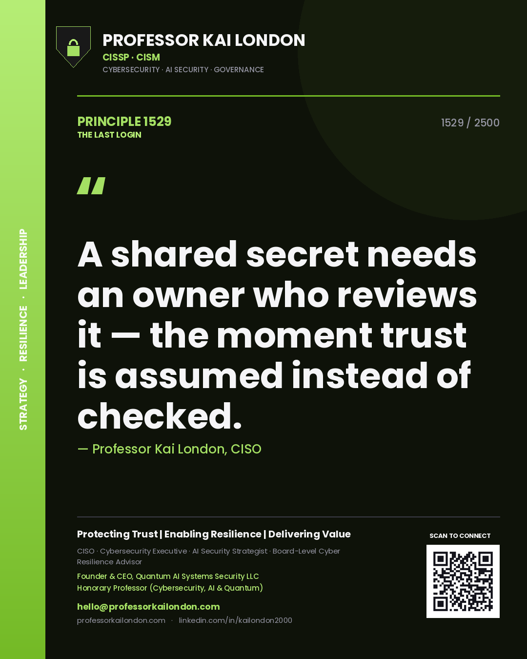 Professor Kai London principle 1529: A shared secret needs an owner who reviews it — the moment trust is assumed instead of checked.