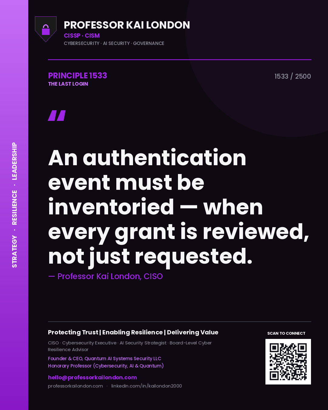 Quote card by Professor Kai London reading 'An authentication event must be inventoried — when every grant is reviewed, not just requested.'. From the book The Last Login.