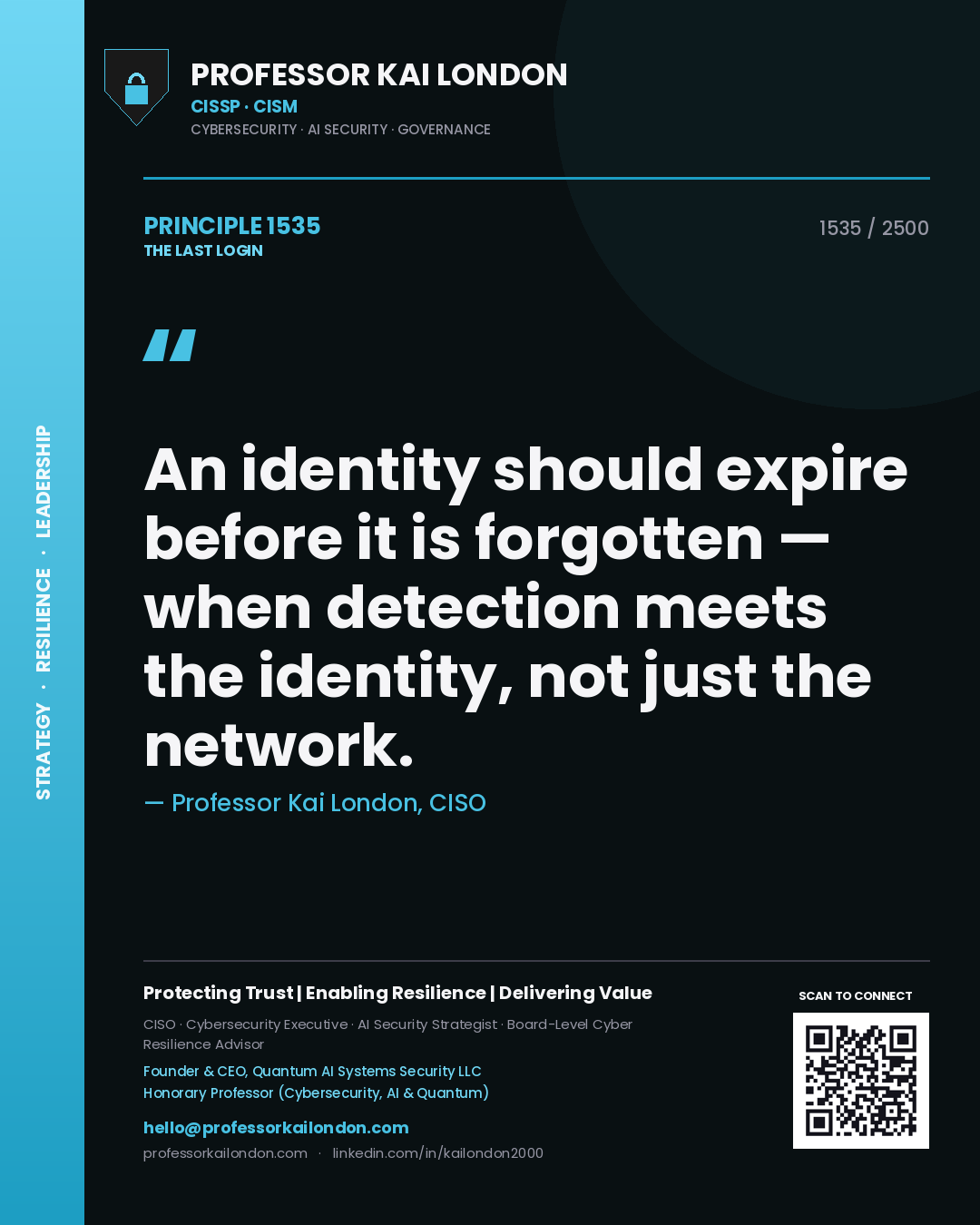 Quote card by Professor Kai London reading 'An identity should expire before it is forgotten — when detection meets the identity, not just the network.'. From the book The Last Login.