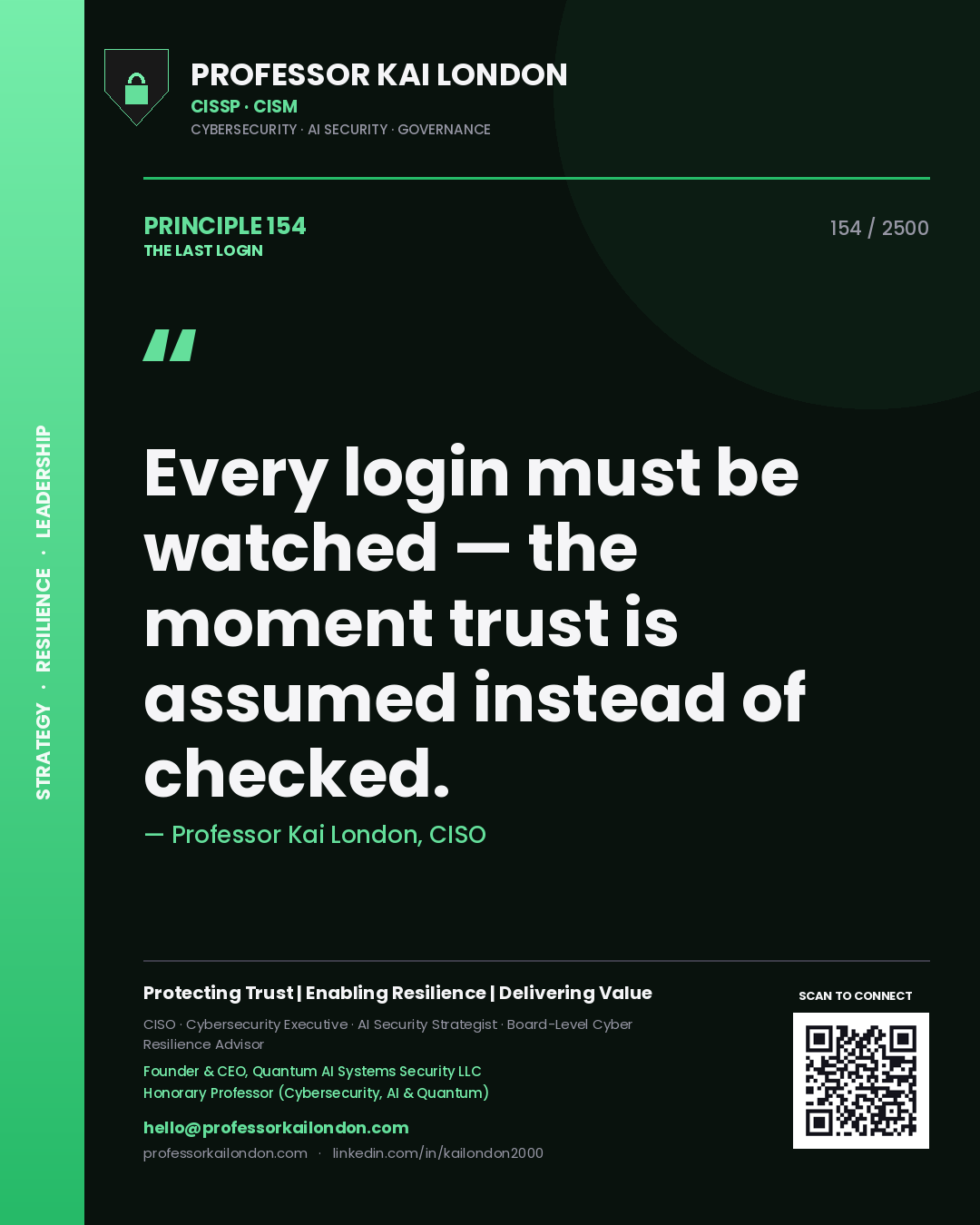 Quote card by Professor Kai London reading 'Every login must be watched — the moment trust is assumed instead of checked.'. From the book The Last Login.