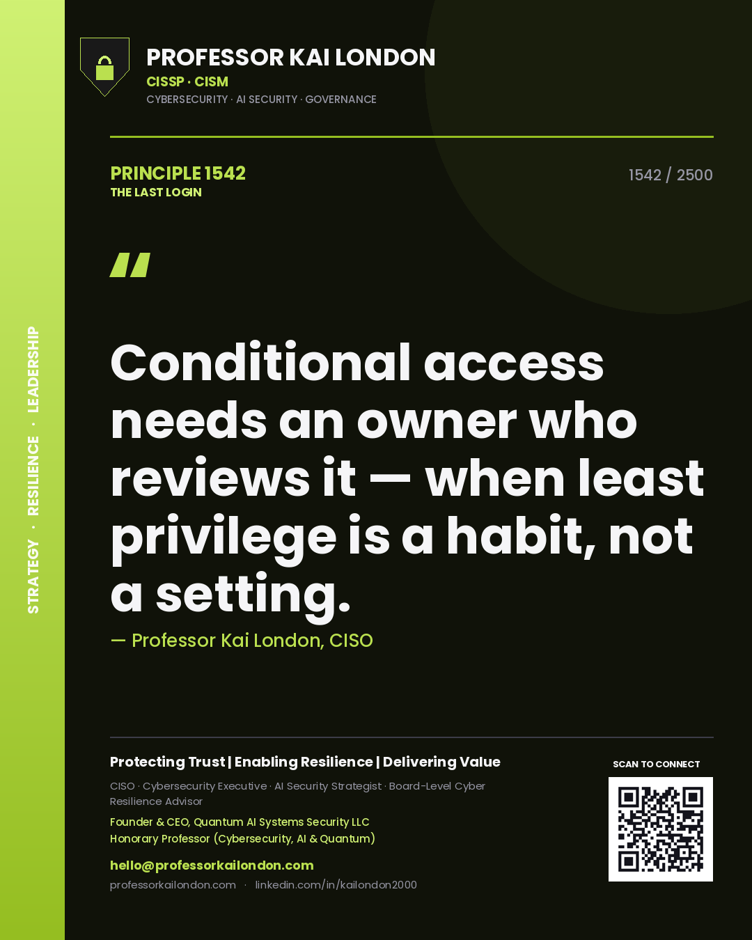 Quote card by Professor Kai London reading 'Conditional access needs an owner who reviews it — when least privilege is a habit, not a setting.'. From the book The Last Login.