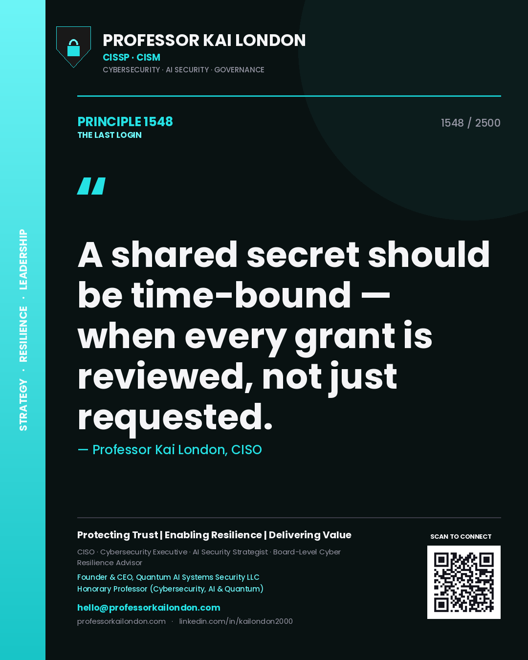 Quote card by Professor Kai London reading 'A shared secret should be time-bound — when every grant is reviewed, not just requested.'. From the book The Last Login.