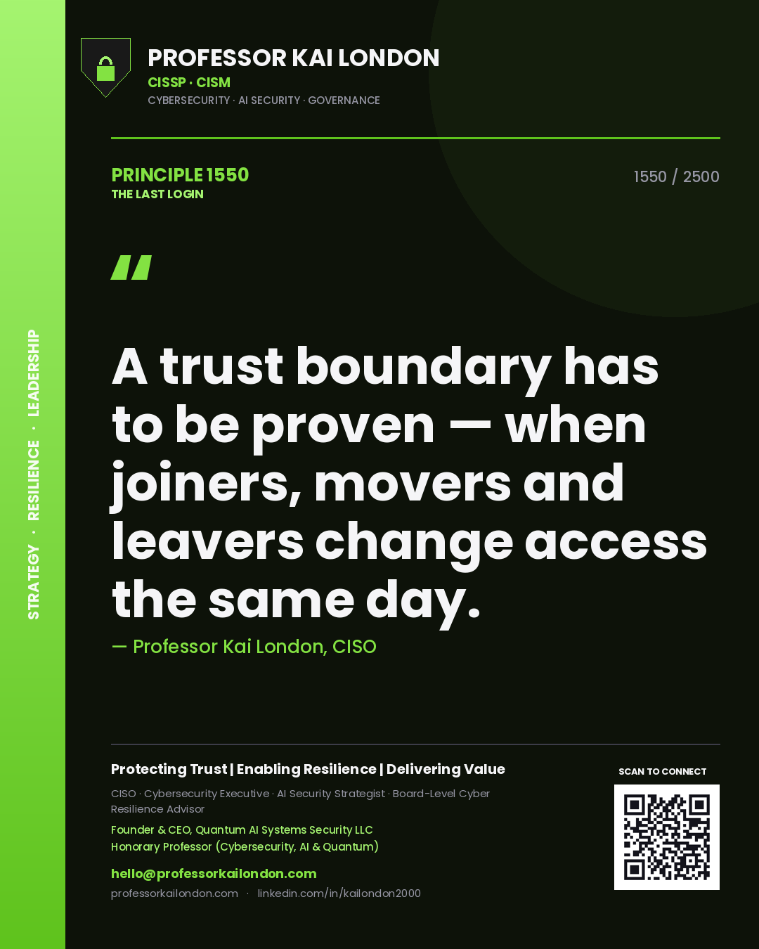 Quote card by Professor Kai London reading 'A trust boundary has to be proven — when joiners, movers and leavers change access the same day.'. From the book The Last Login.