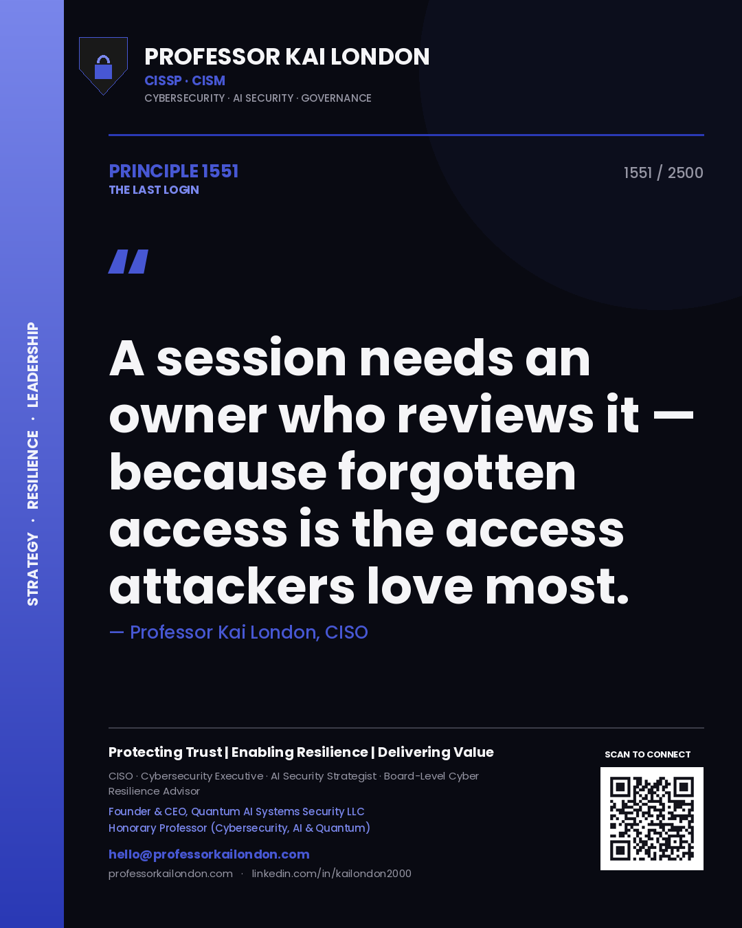 Quote card by Professor Kai London reading 'A session needs an owner who reviews it — because forgotten access is the access attackers love most.'. From the book The Last Login.