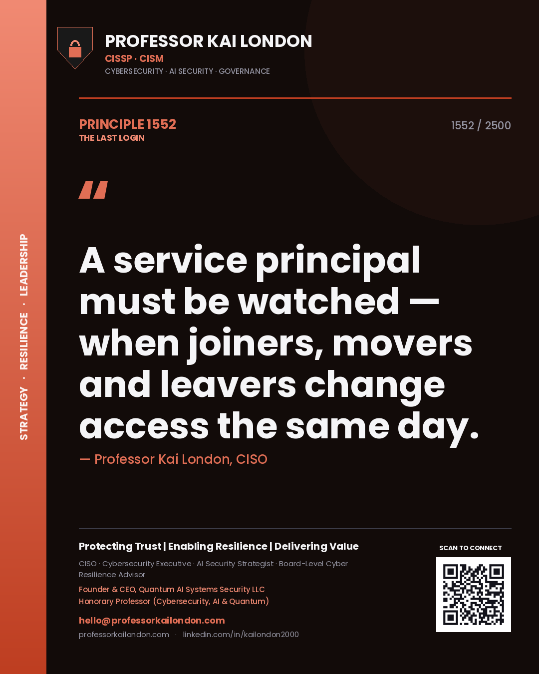 Quote card by Professor Kai London reading 'A service principal must be watched — when joiners, movers and leavers change access the same day.'. From the book The Last Login.