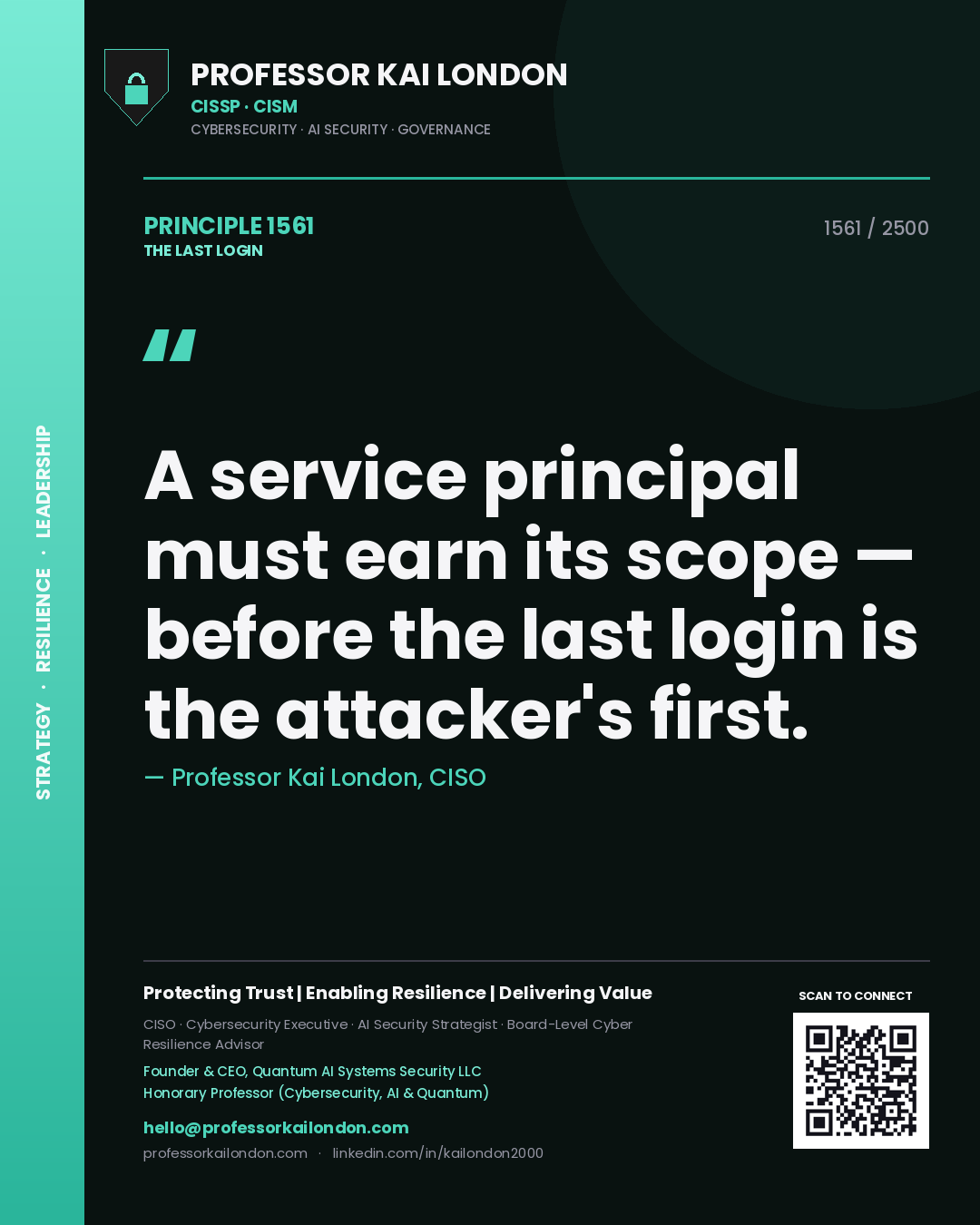 Quote card by Professor Kai London reading 'A service principal must earn its scope — before the last login is the attacker's first.'. From the book The Last Login.