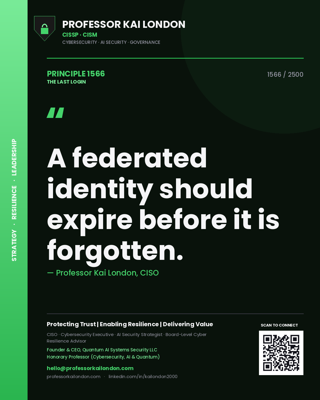 Quote card by Professor Kai London reading 'A federated identity should expire before it is forgotten.'. From the book The Last Login.