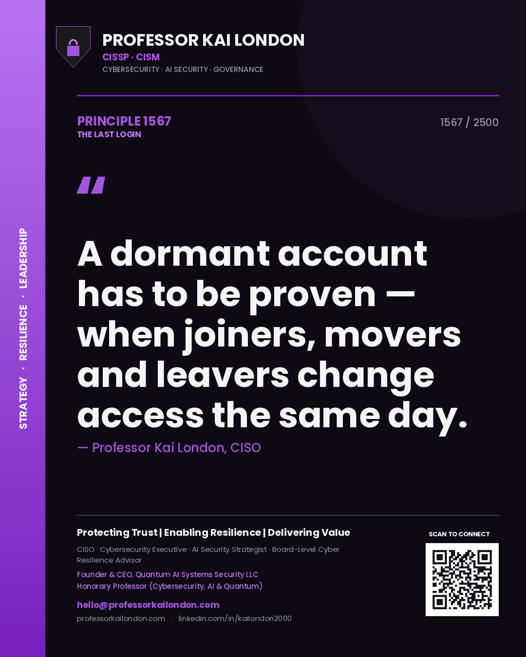 Quote card by Professor Kai London reading 'A dormant account has to be proven — when joiners, movers and leavers change access the same day.'. From the book The Last Login.