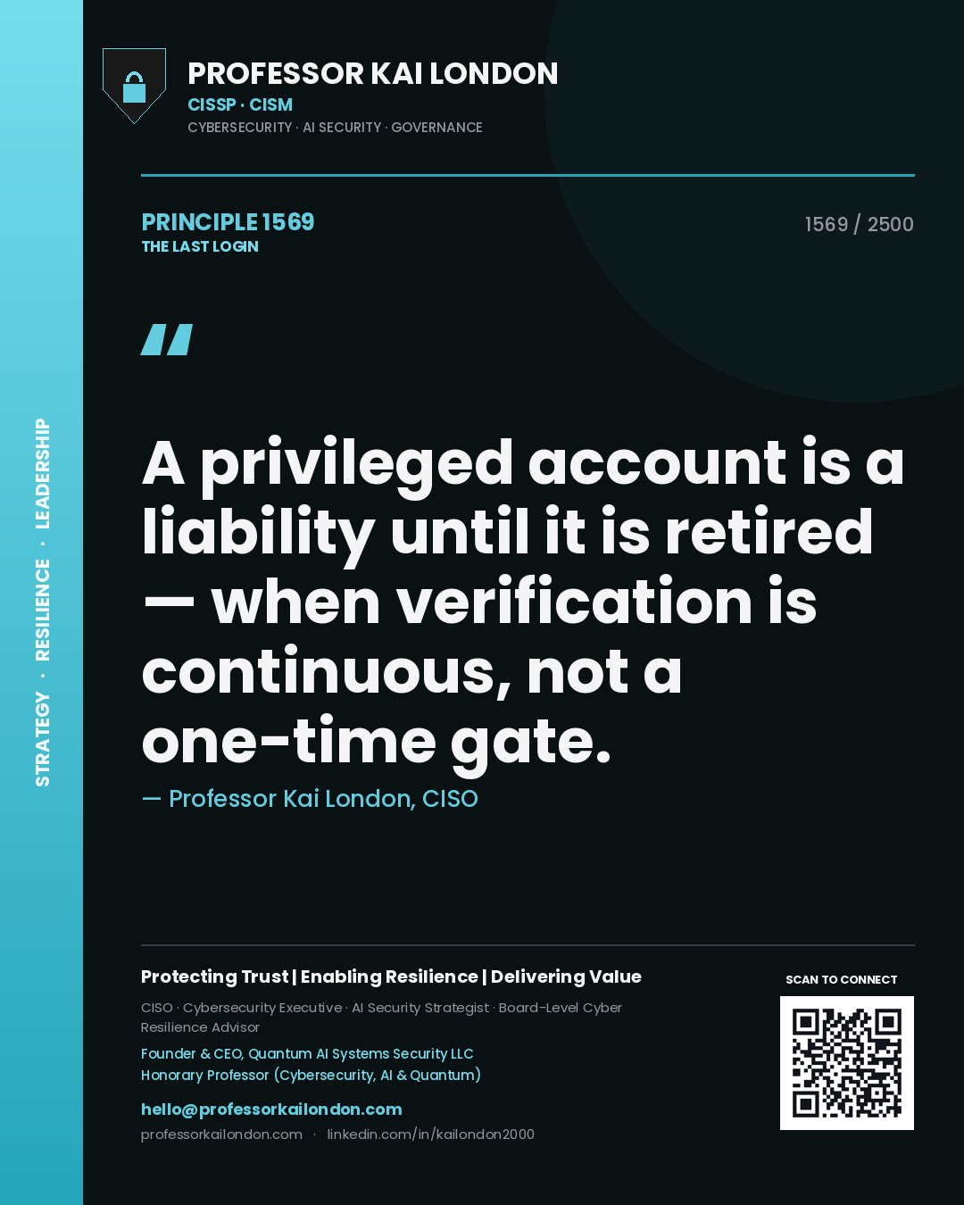 Quote card by Professor Kai London reading 'A privileged account is a liability until it is retired — when verification is continuous, not a one-time gate.'. From the book The Last Login.