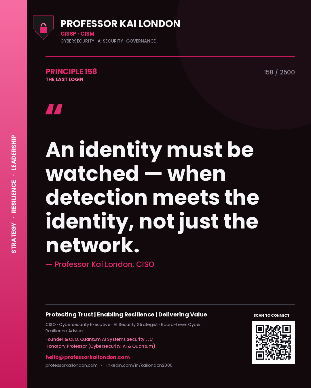 Quote card by Professor Kai London reading 'An identity must be watched — when detection meets the identity, not just the network.'. From the book The Last Login.