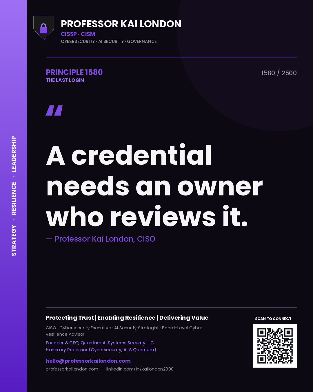 Quote card by Professor Kai London reading 'A credential needs an owner who reviews it.'. From the book The Last Login.