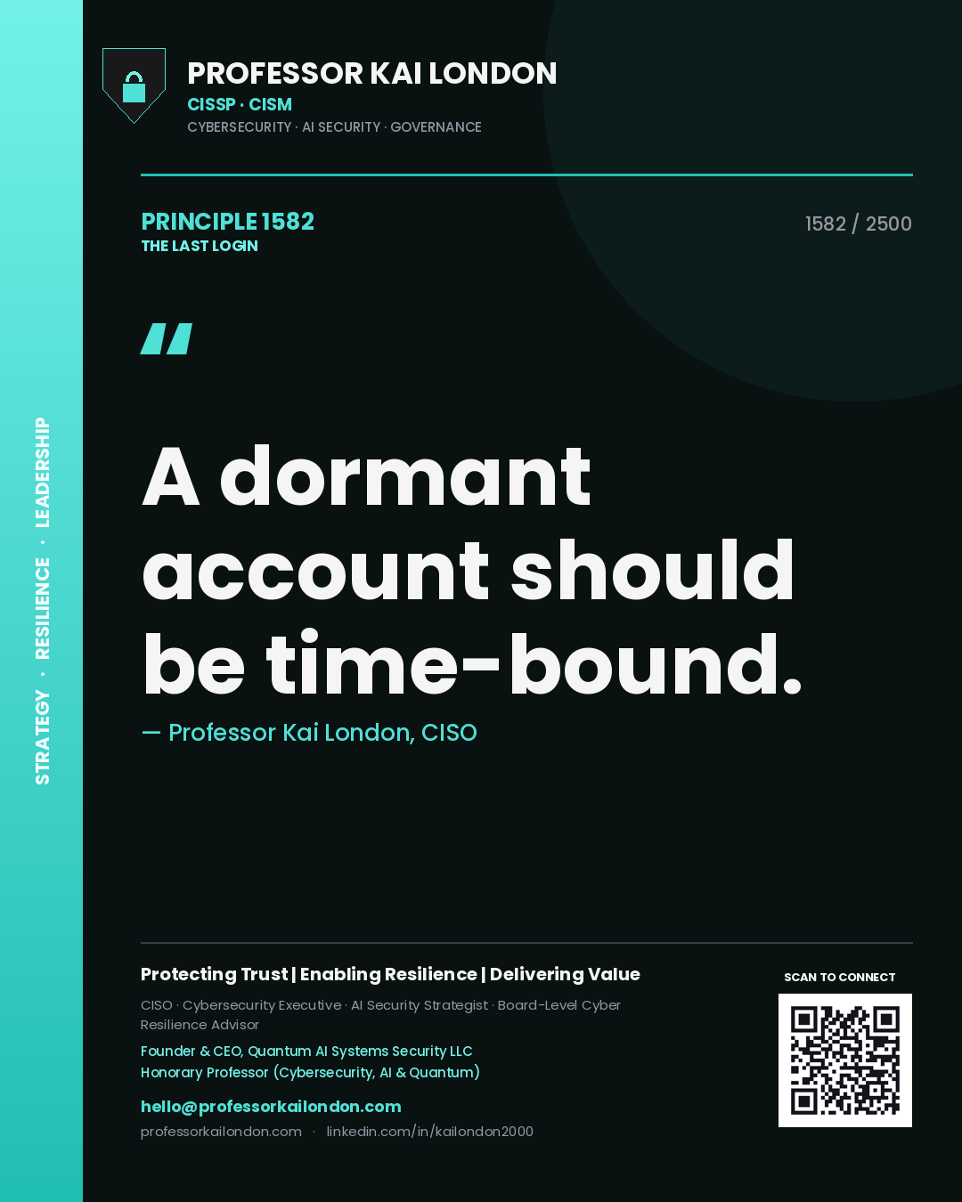 Quote card by Professor Kai London reading 'A dormant account should be time-bound.'. From the book The Last Login.