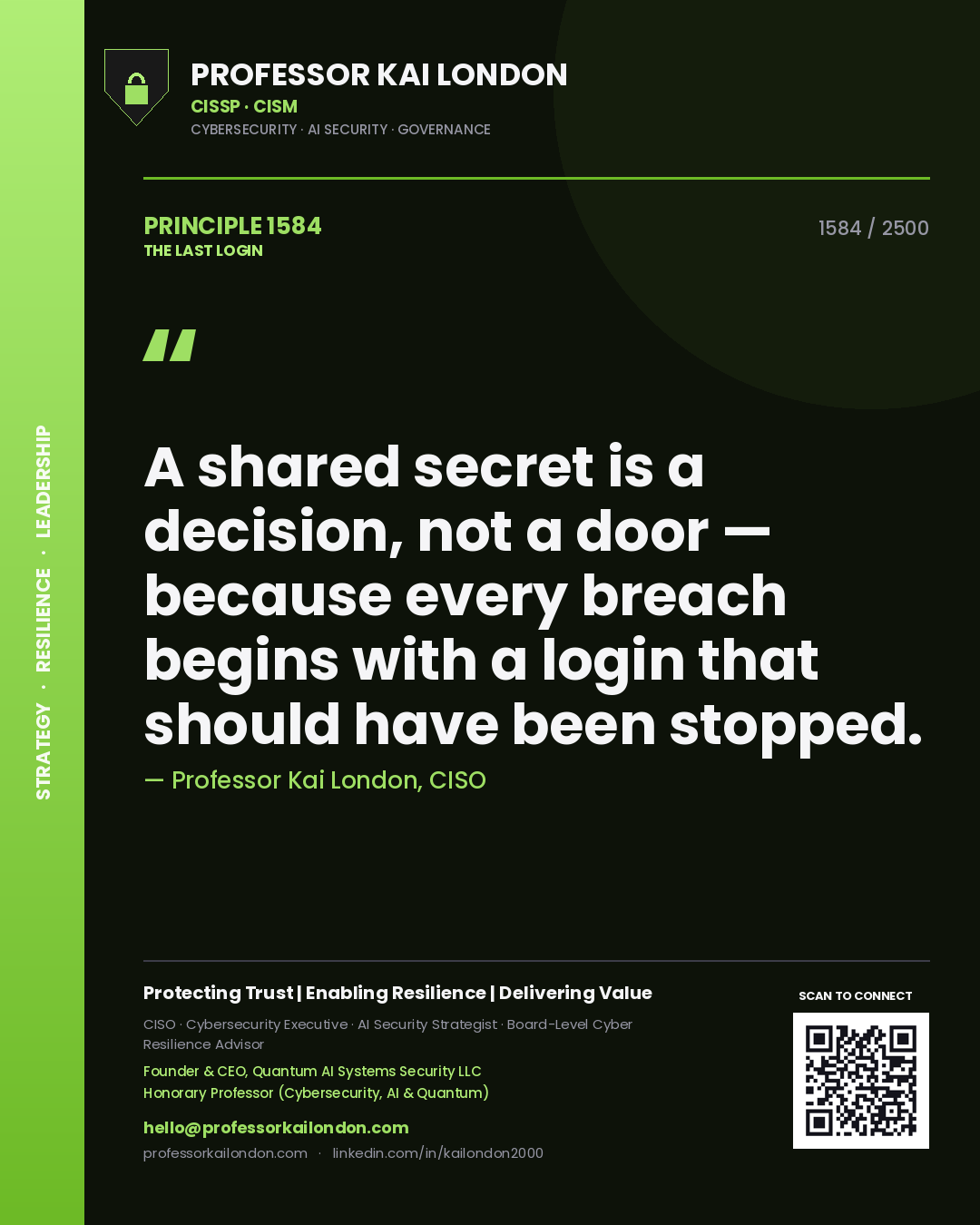 Quote card by Professor Kai London reading 'A shared secret is a decision, not a door — because every breach begins with a login that should have been stopped.'. From the book The Last Login.