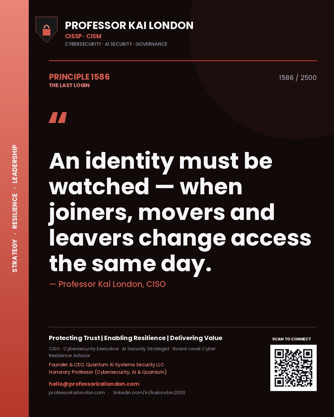 Quote card by Professor Kai London reading 'An identity must be watched — when joiners, movers and leavers change access the same day.'. From the book The Last Login.