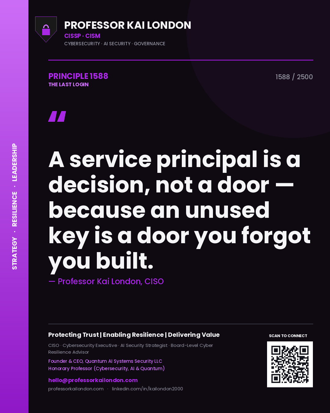 Professor Kai London principle 1588: A service principal is a decision, not a door — because an unused key is a door you forgot you built.