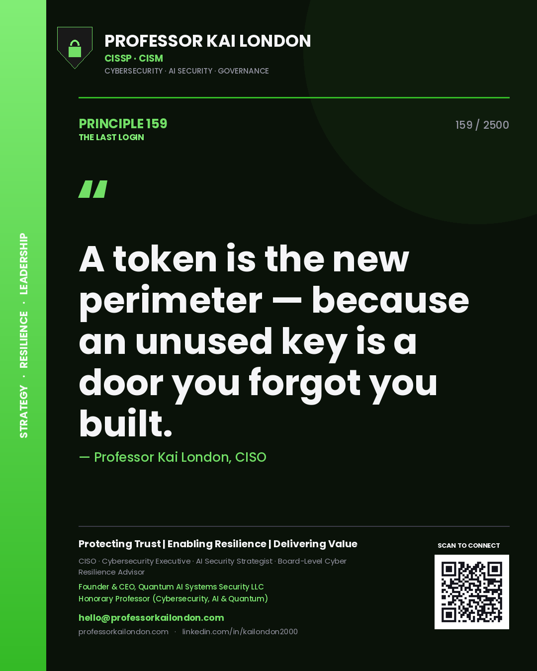 Quote card by Professor Kai London reading 'A token is the new perimeter — because an unused key is a door you forgot you built.'. From the book The Last Login.