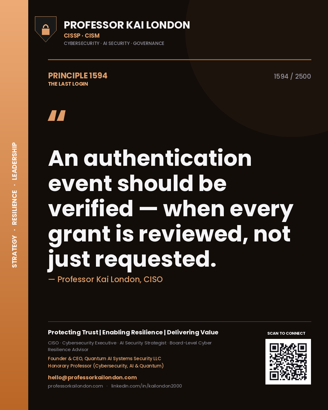 Quote card by Professor Kai London reading 'An authentication event should be verified — when every grant is reviewed, not just requested.'. From the book The Last Login.