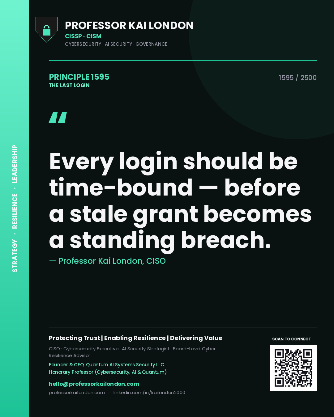 Quote card by Professor Kai London reading 'Every login should be time-bound — before a stale grant becomes a standing breach.'. From the book The Last Login.