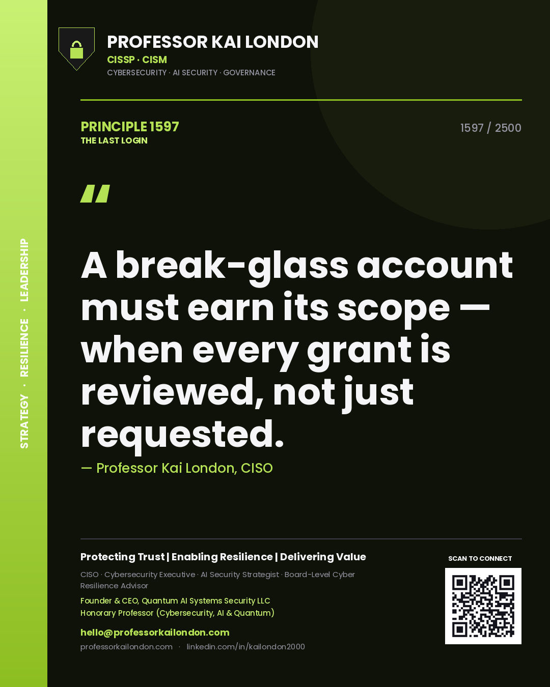 Quote card by Professor Kai London reading 'A break-glass account must earn its scope — when every grant is reviewed, not just requested.'. From the book The Last Login.
