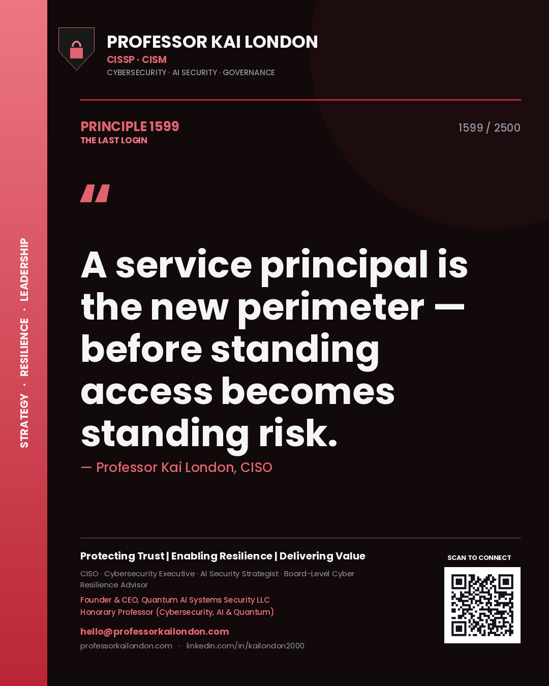 Quote card by Professor Kai London reading 'A service principal is the new perimeter — before standing access becomes standing risk.'. From the book The Last Login.