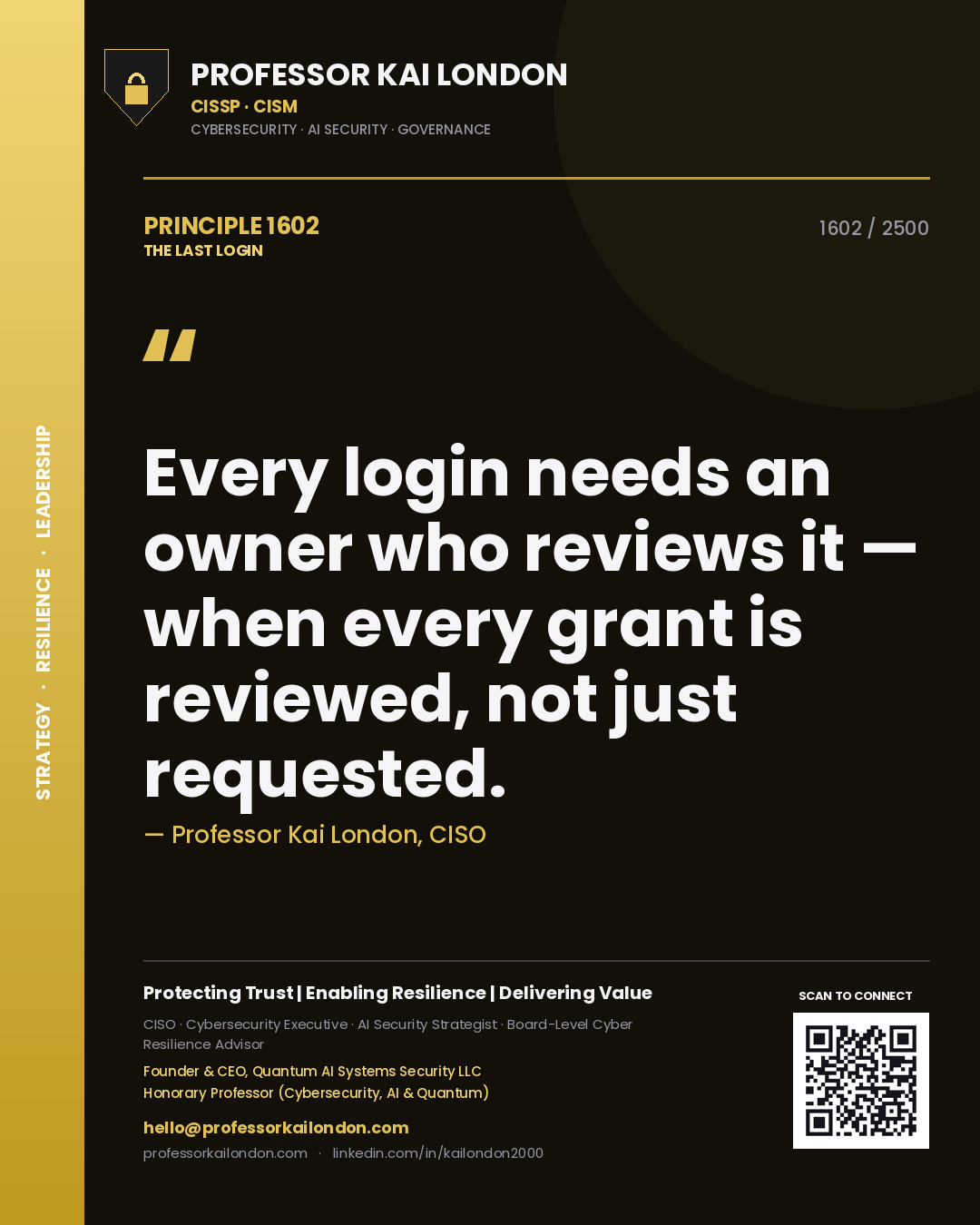 Professor Kai London principle 1602: Every login needs an owner who reviews it — when every grant is reviewed, not just requested.