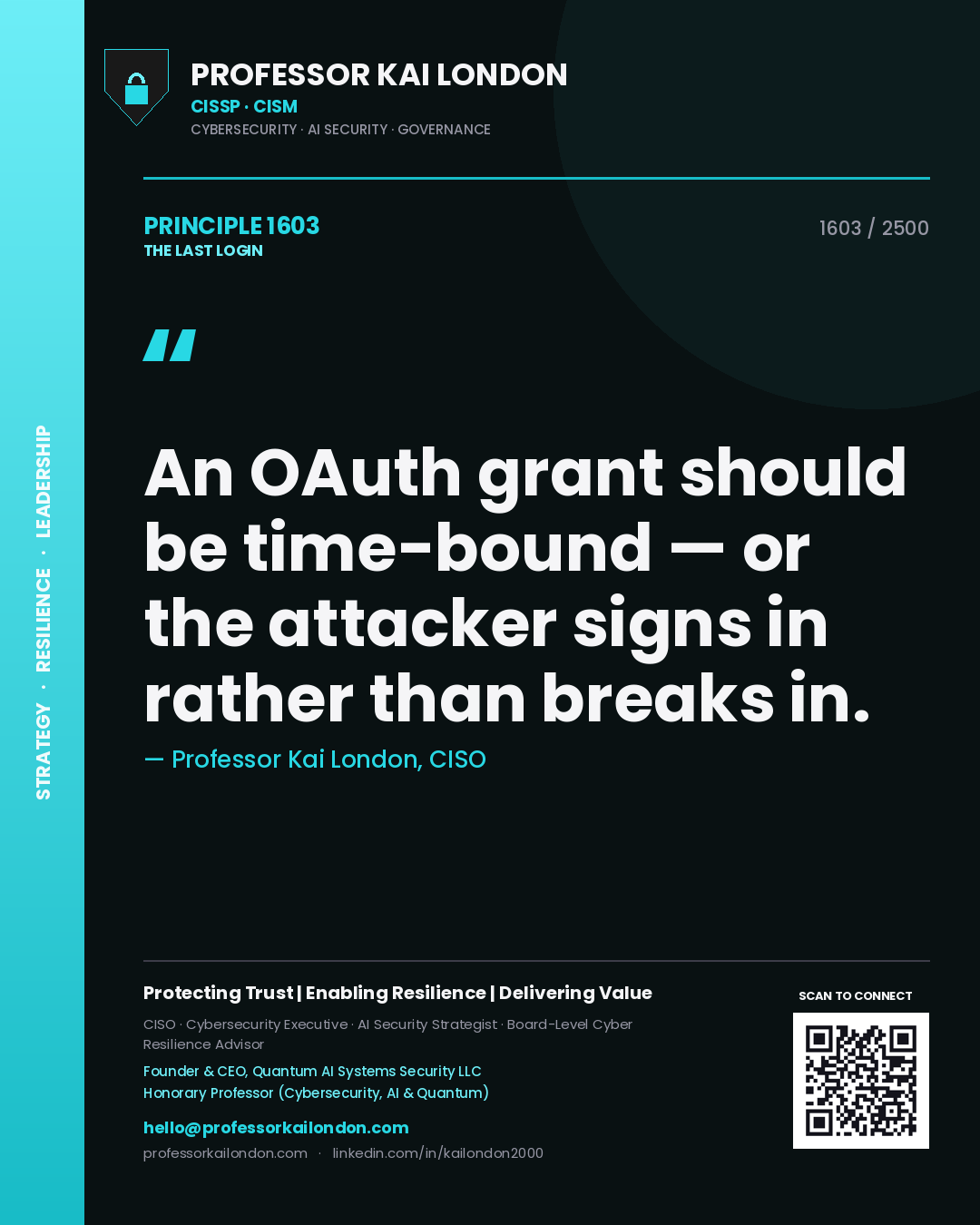 Professor Kai London principle 1603: An OAuth grant should be time-bound — or the attacker signs in rather than breaks in.