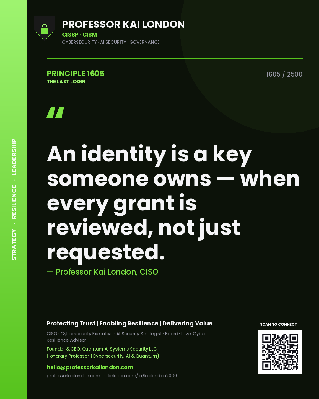 Professor Kai London principle 1605: An identity is a key someone owns — when every grant is reviewed, not just requested.