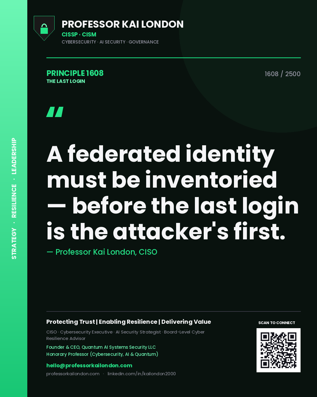 Quote card by Professor Kai London reading 'A federated identity must be inventoried — before the last login is the attacker's first.'. From the book The Last Login.
