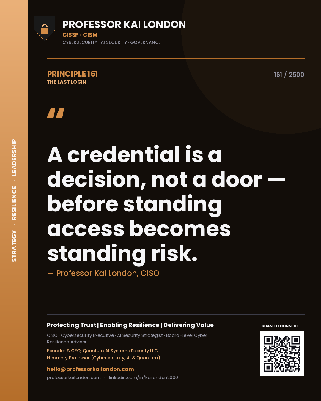 Quote card by Professor Kai London reading 'A credential is a decision, not a door — before standing access becomes standing risk.'. From the book The Last Login.