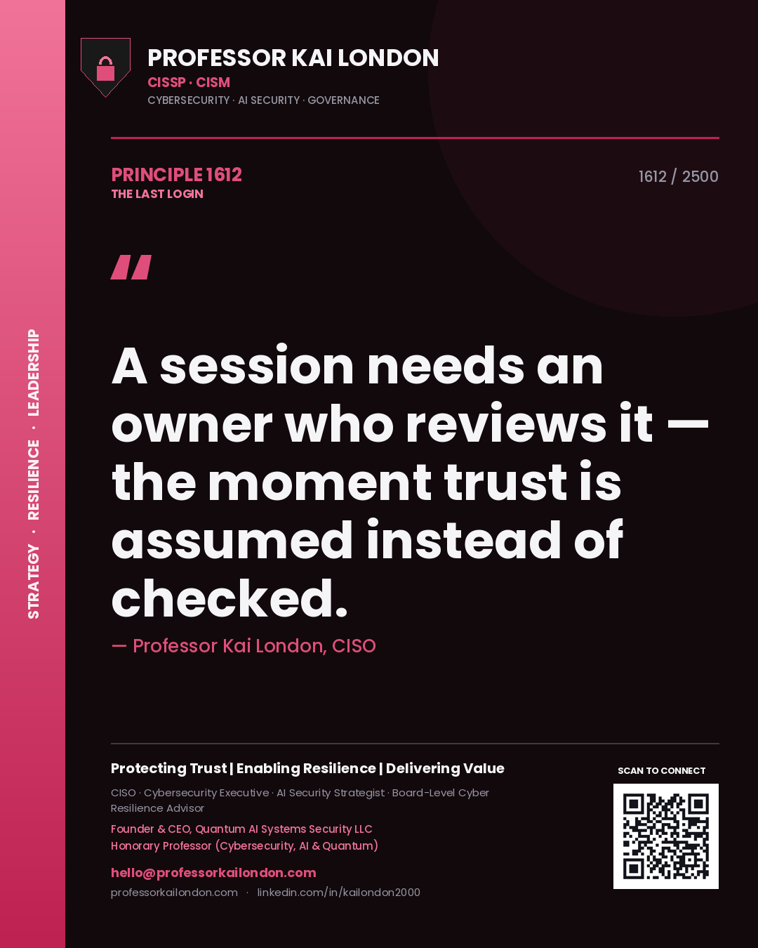 Professor Kai London principle 1612: A session needs an owner who reviews it — the moment trust is assumed instead of checked.