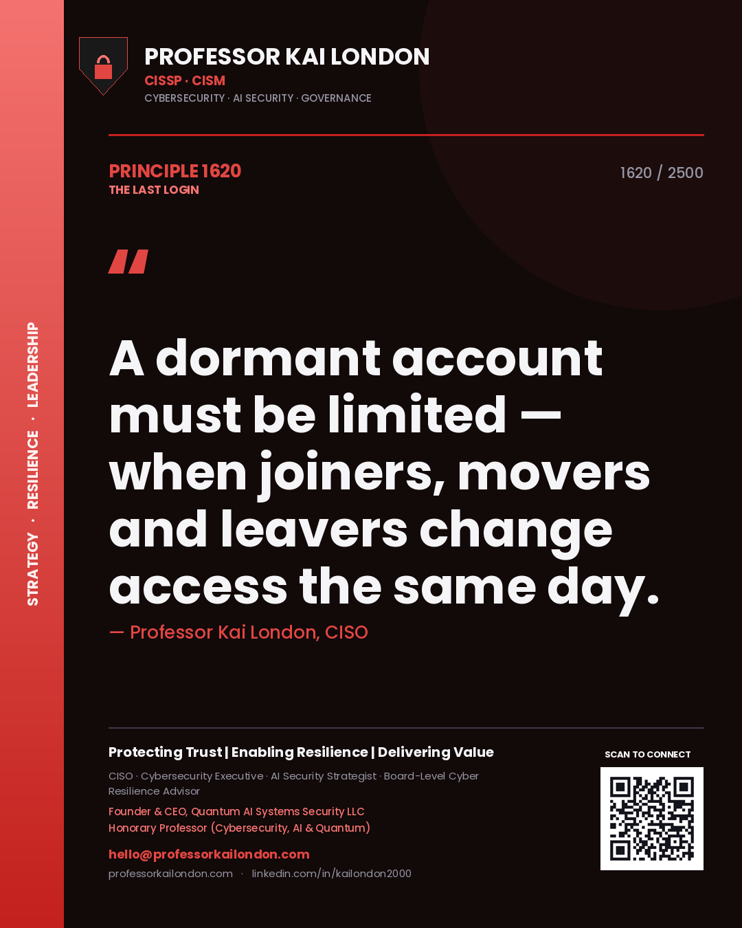 Professor Kai London principle 1620: A dormant account must be limited — when joiners, movers and leavers change access the same day.