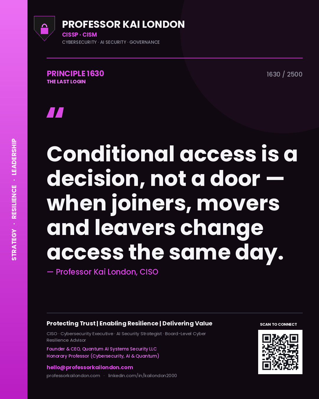 Quote card by Professor Kai London reading 'Conditional access is a decision, not a door — when joiners, movers and leavers change access the same day.'. From the book The Last Login.