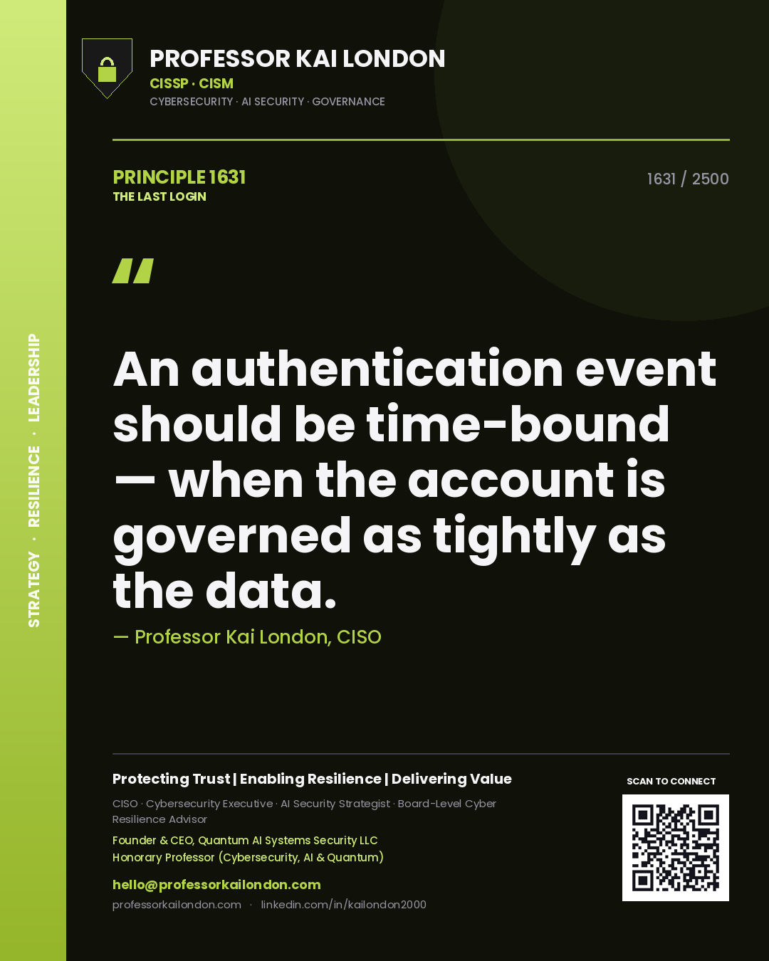 Quote card by Professor Kai London reading 'An authentication event should be time-bound — when the account is governed as tightly as the data.'. From the book The Last Login.