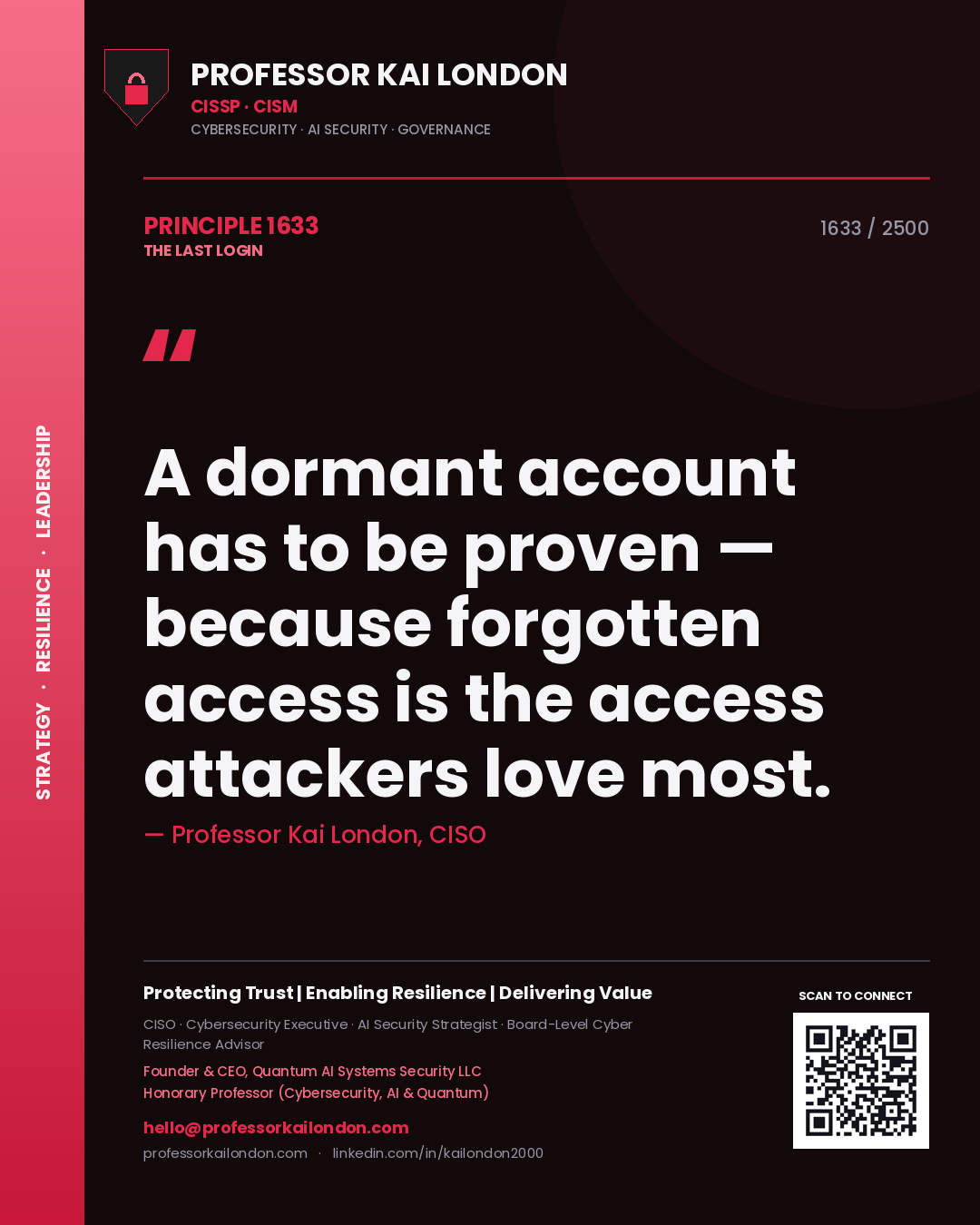 Professor Kai London principle 1633: A dormant account has to be proven — because forgotten access is the access attackers love most.