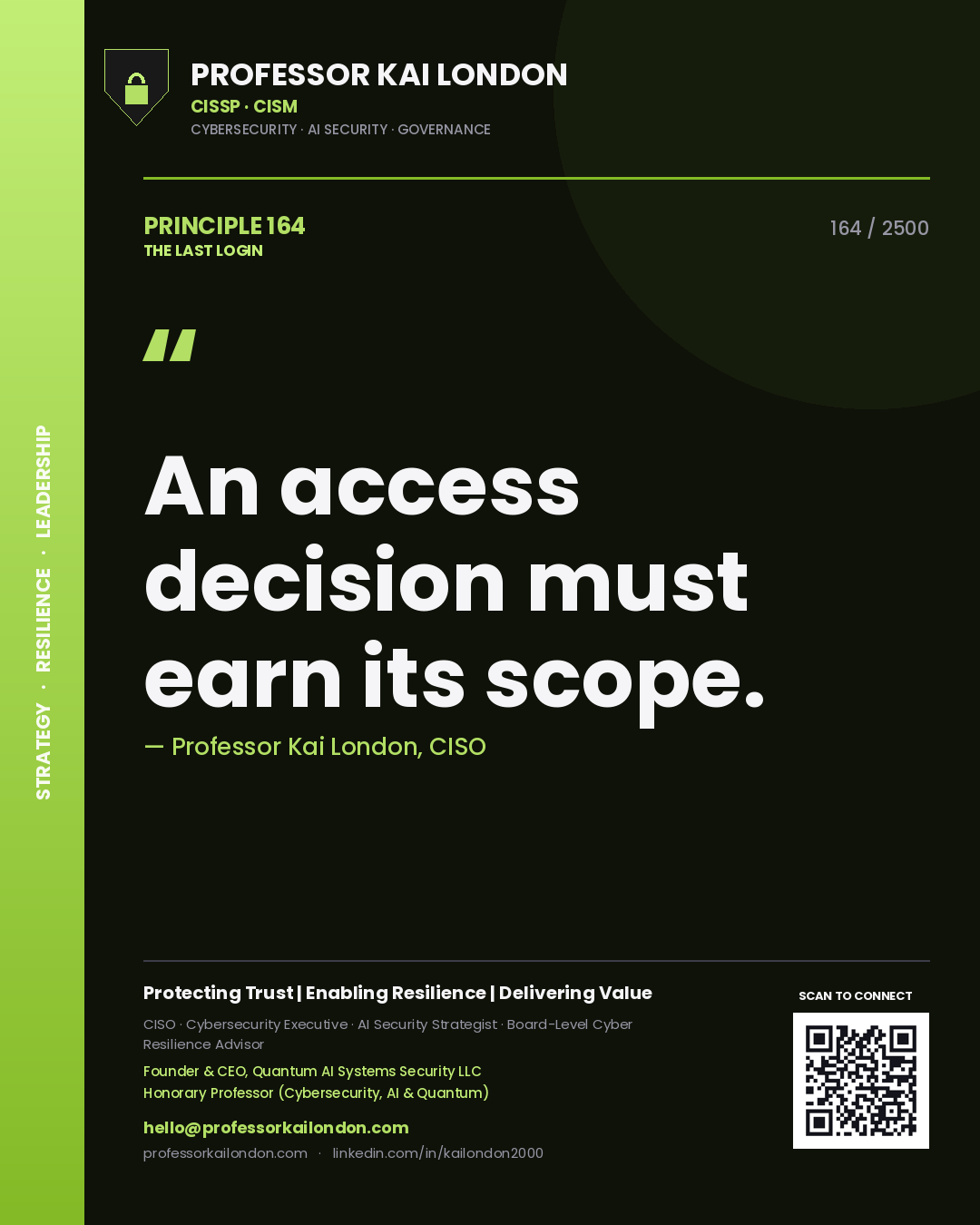 Quote card by Professor Kai London reading 'An access decision must earn its scope.'. From the book The Last Login.