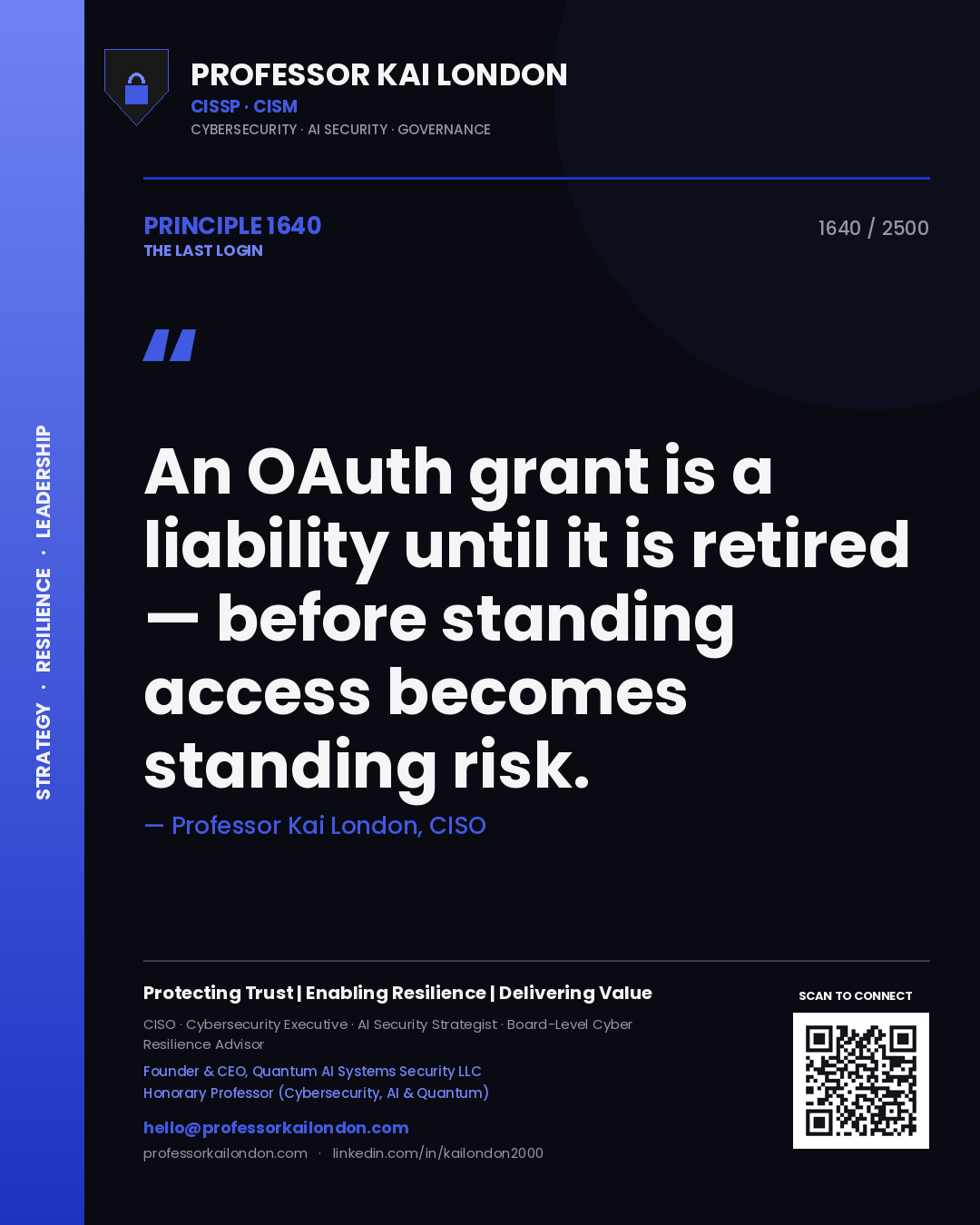 Professor Kai London principle 1640: An OAuth grant is a liability until it is retired — before standing access becomes standing risk.