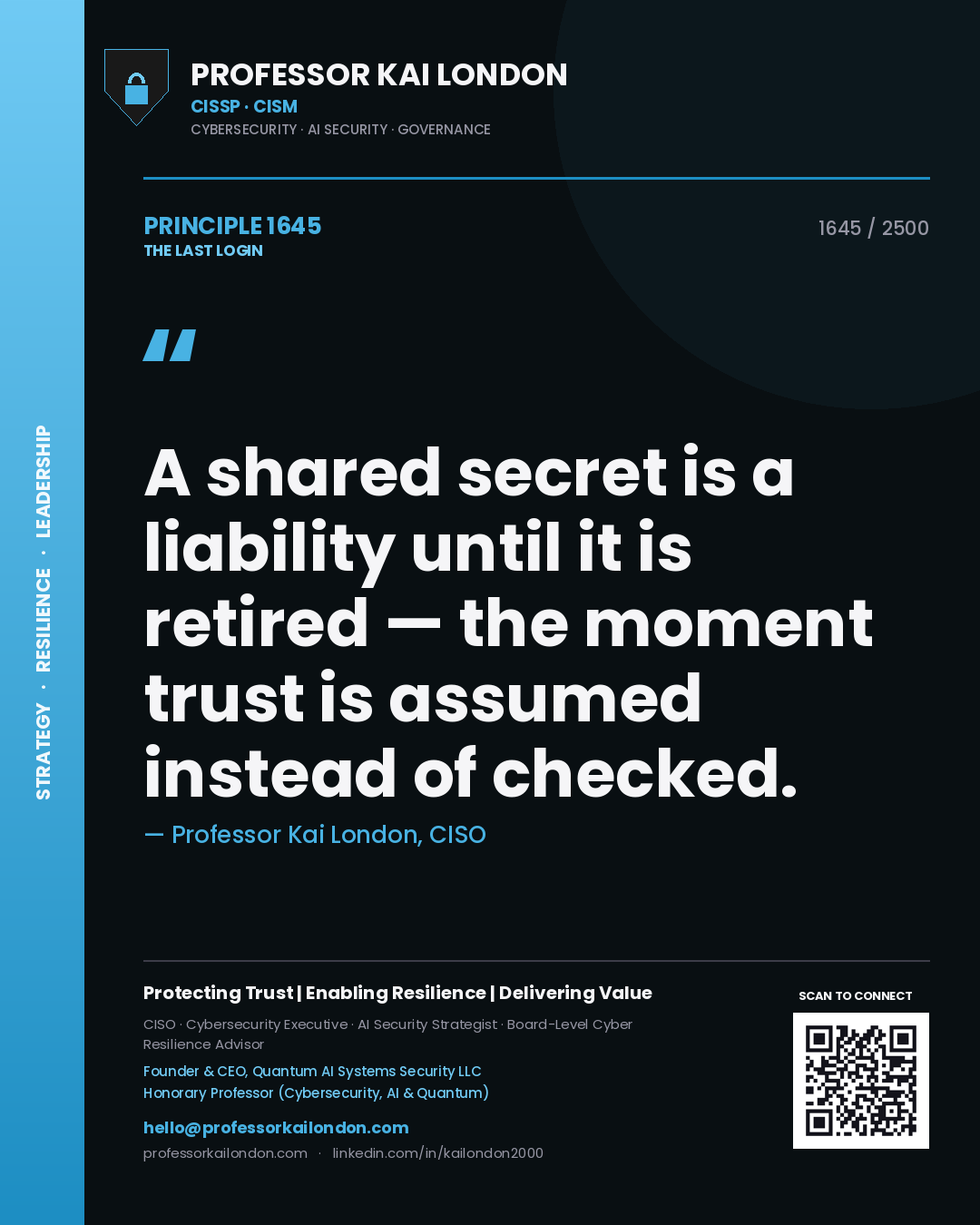 Professor Kai London principle 1645: A shared secret is a liability until it is retired — the moment trust is assumed instead of checked.