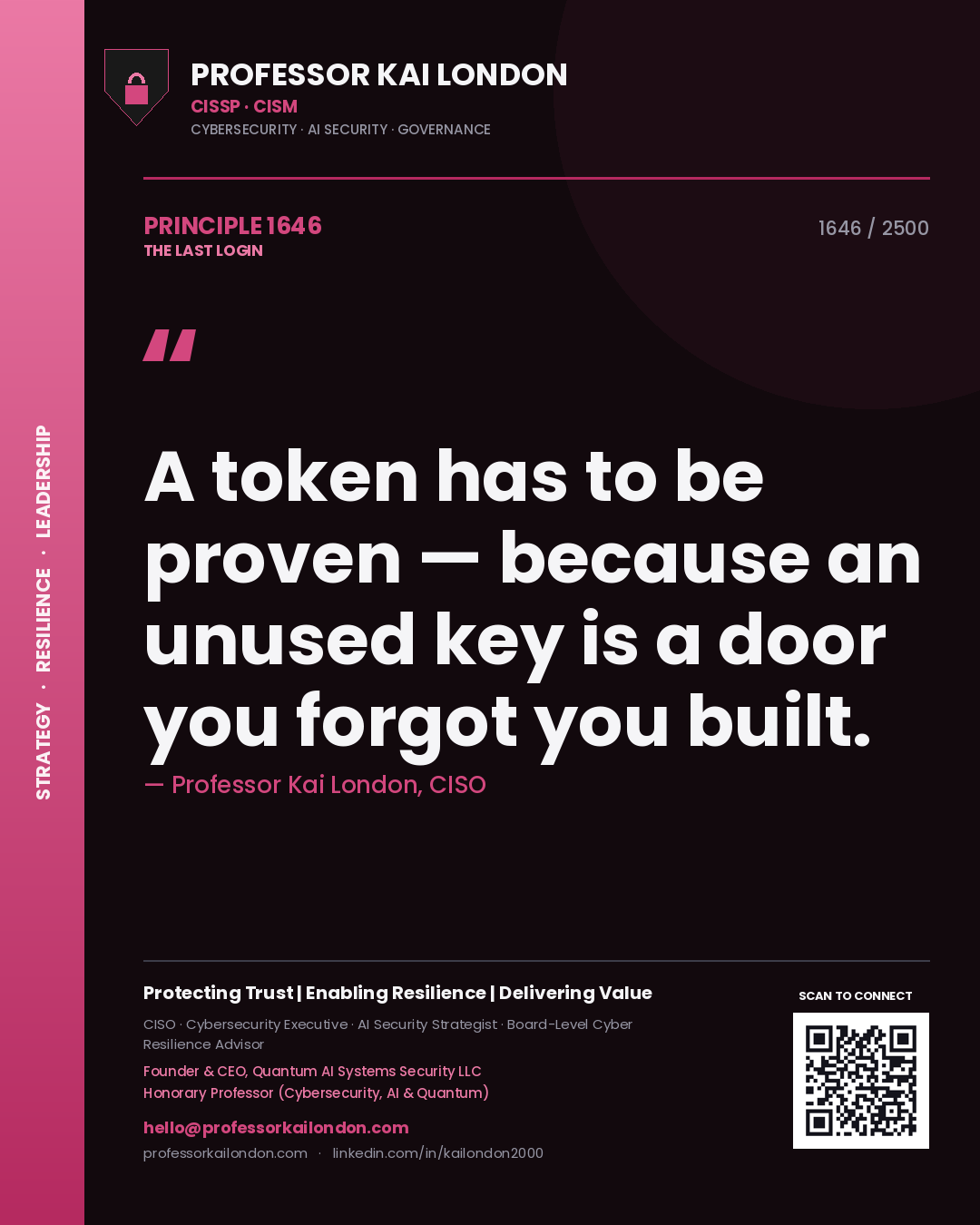 Professor Kai London principle 1646: A token has to be proven — because an unused key is a door you forgot you built.