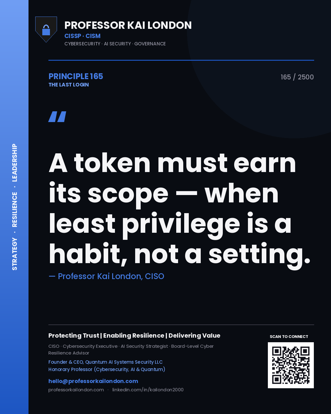 Quote card by Professor Kai London reading 'A token must earn its scope — when least privilege is a habit, not a setting.'. From the book The Last Login.