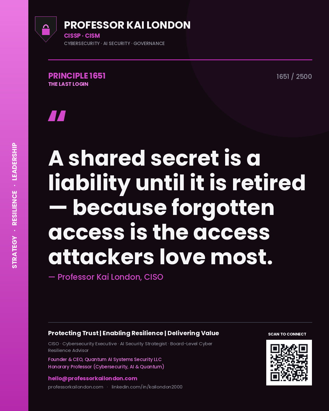 Professor Kai London principle 1651: A shared secret is a liability until it is retired — because forgotten access is the access attackers love most.