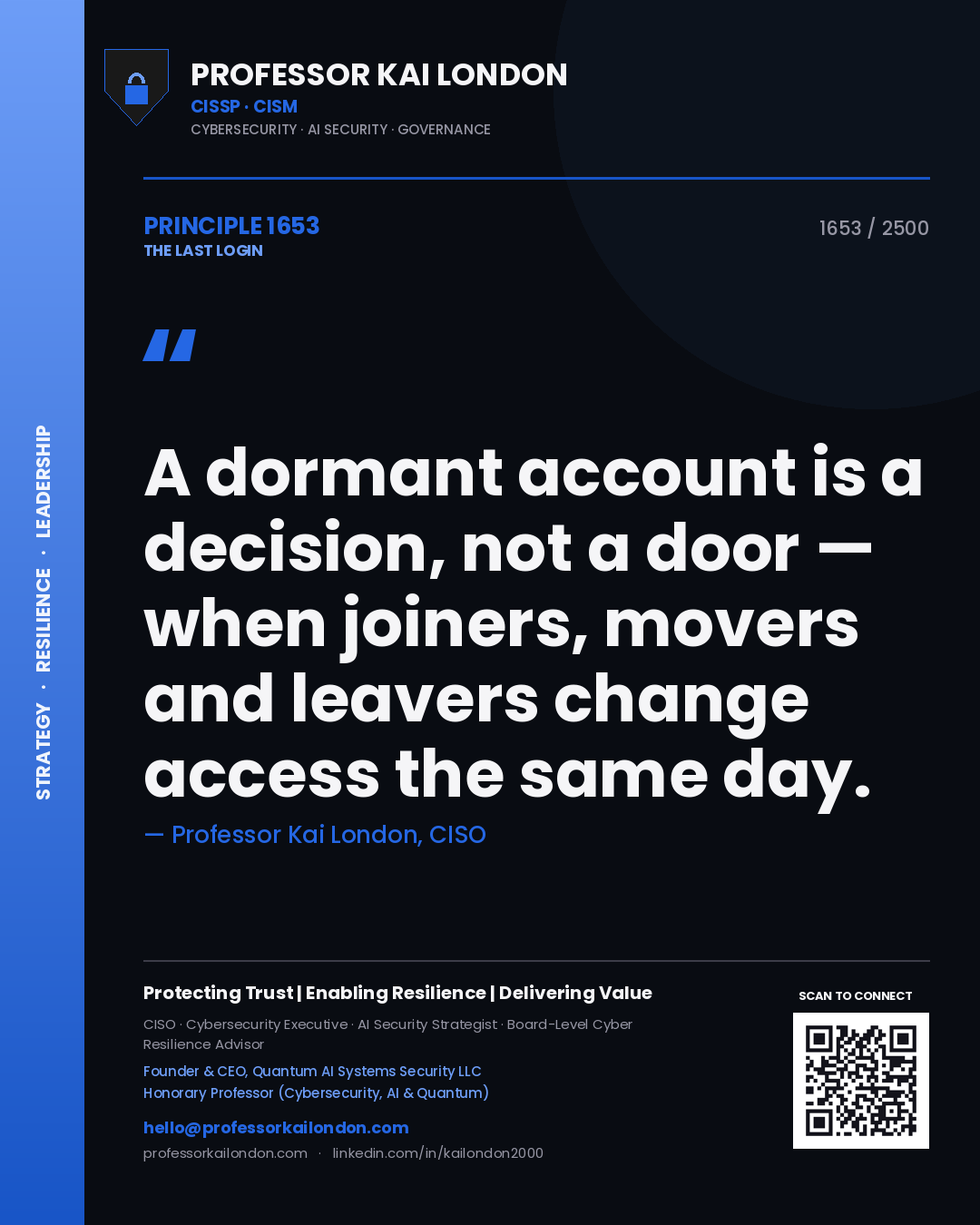 Professor Kai London principle 1653: A dormant account is a decision, not a door — when joiners, movers and leavers change access the same day.