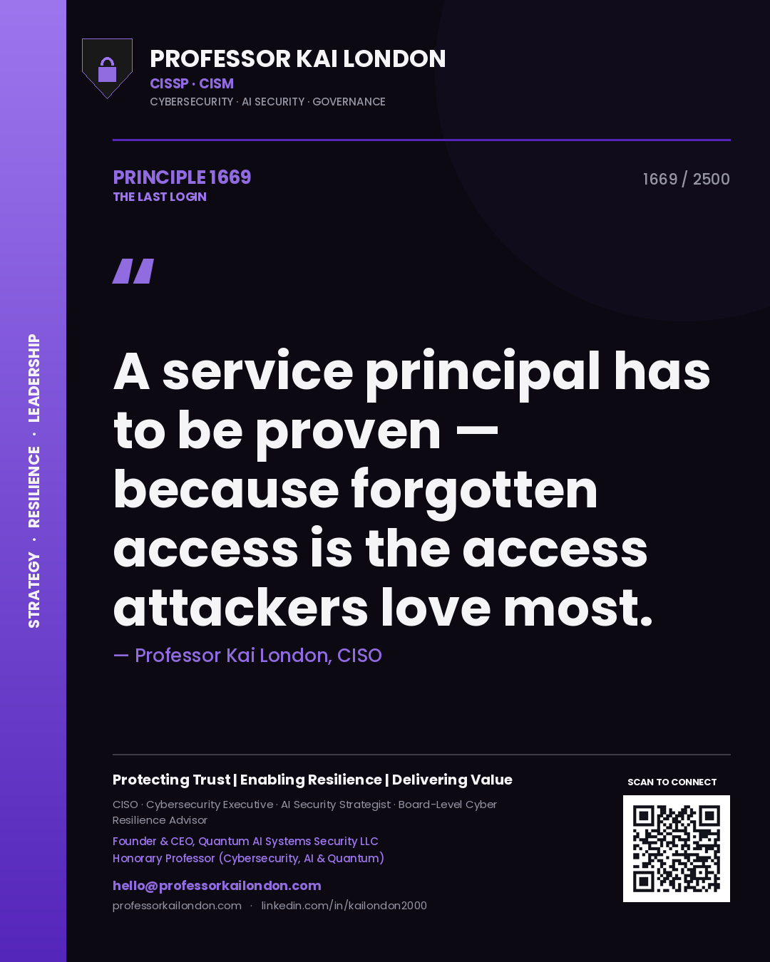 Professor Kai London principle 1669: A service principal has to be proven — because forgotten access is the access attackers love most.