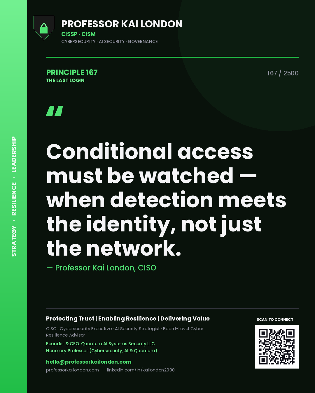 Quote card by Professor Kai London reading 'Conditional access must be watched — when detection meets the identity, not just the network.'. From the book The Last Login.