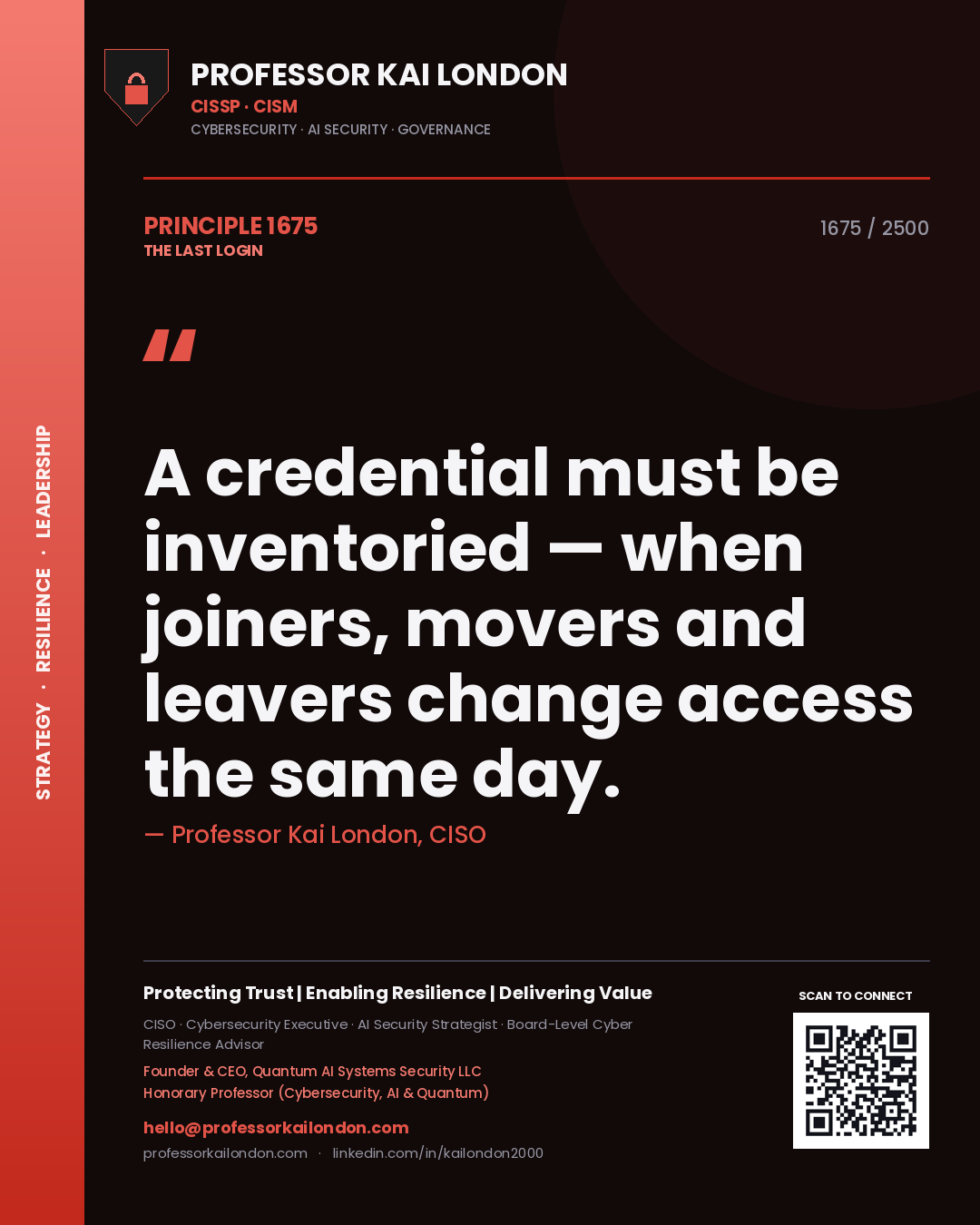 Quote card by Professor Kai London reading 'A credential must be inventoried — when joiners, movers and leavers change access the same day.'. From the book The Last Login.