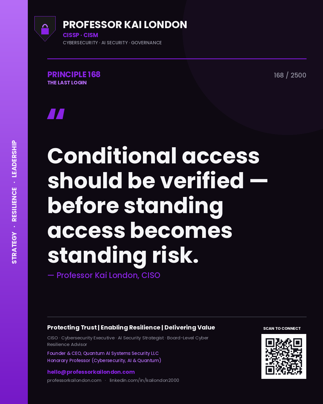 Quote card by Professor Kai London reading 'Conditional access should be verified — before standing access becomes standing risk.'. From the book The Last Login.