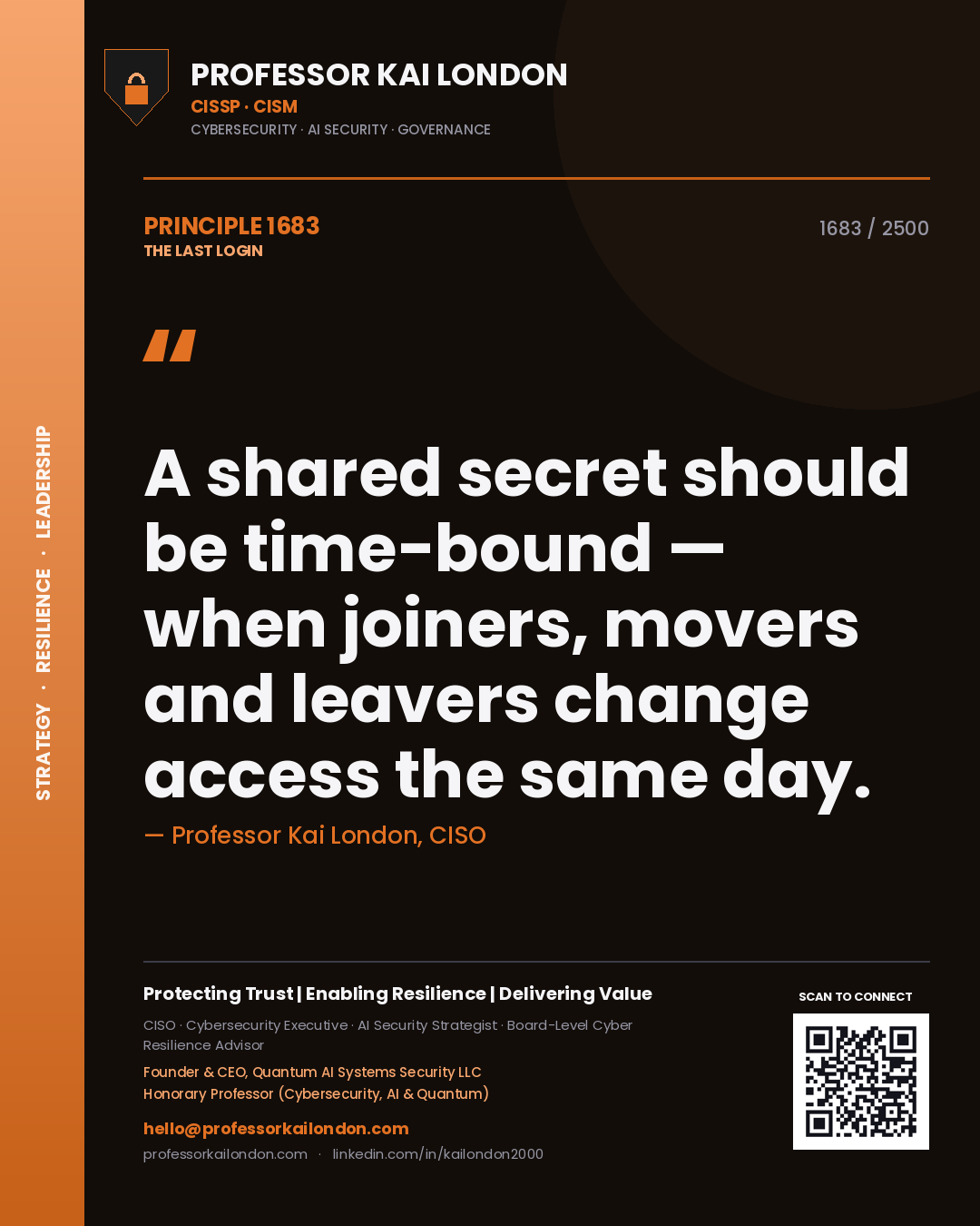 Quote card by Professor Kai London reading 'A shared secret should be time-bound — when joiners, movers and leavers change access the same day.'. From the book The Last Login.