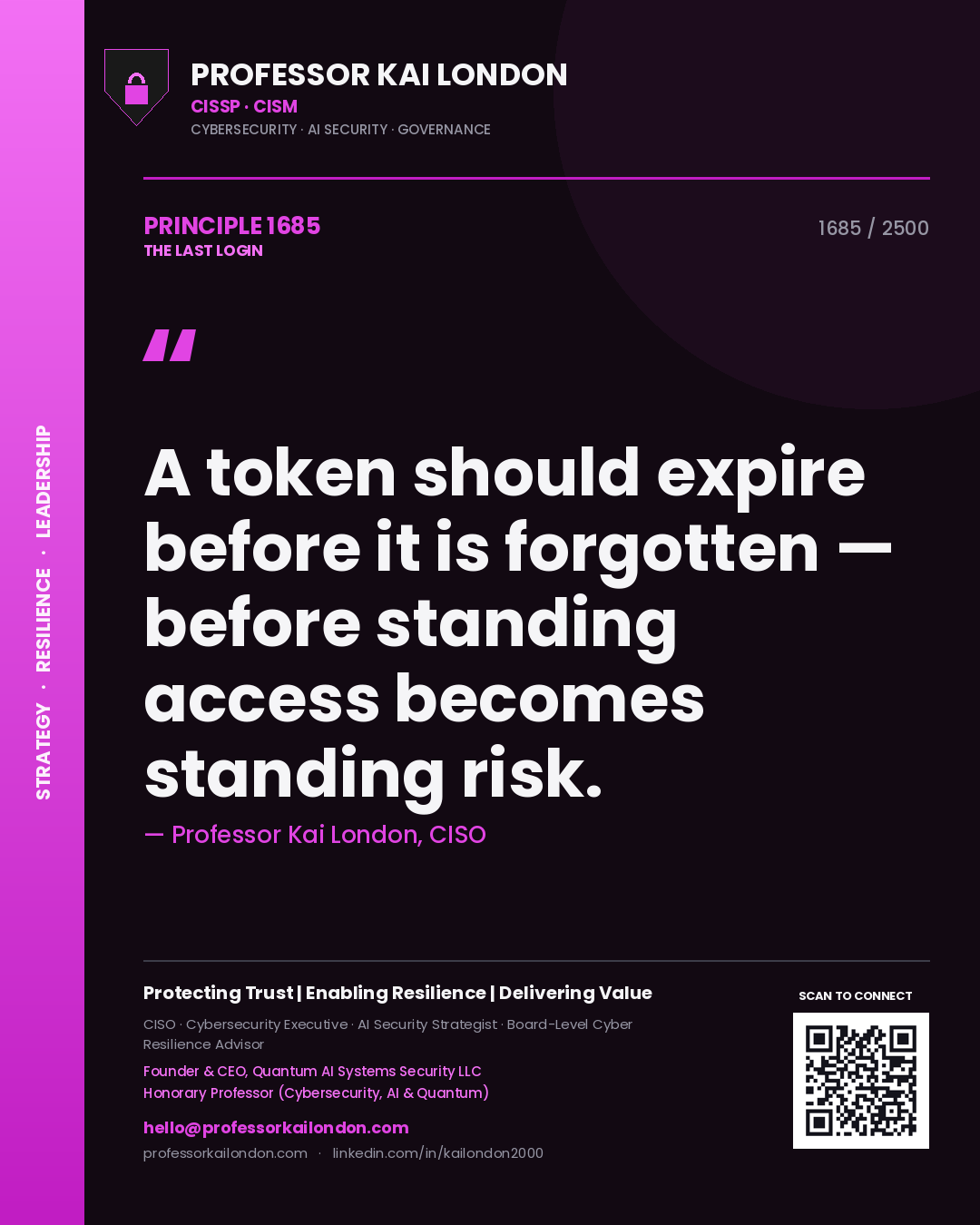 Professor Kai London principle 1685: A token should expire before it is forgotten — before standing access becomes standing risk.