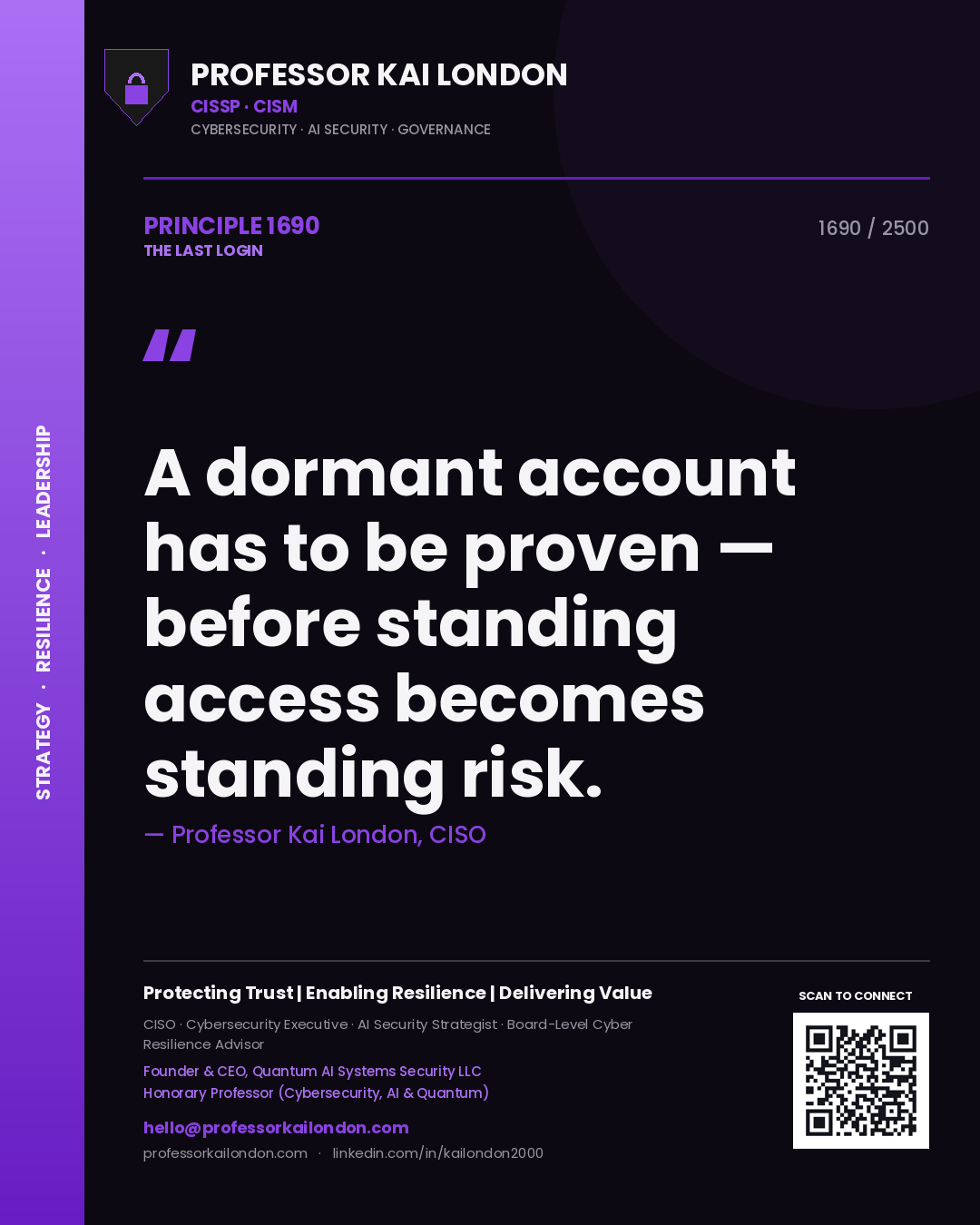 Quote card by Professor Kai London reading 'A dormant account has to be proven — before standing access becomes standing risk.'. From the book The Last Login.